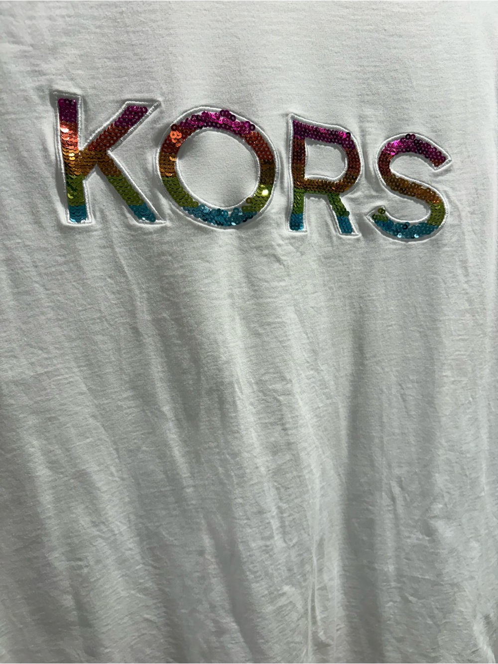 Michael Kors Kids White Tee with Rainbow Sequin KORS Patch